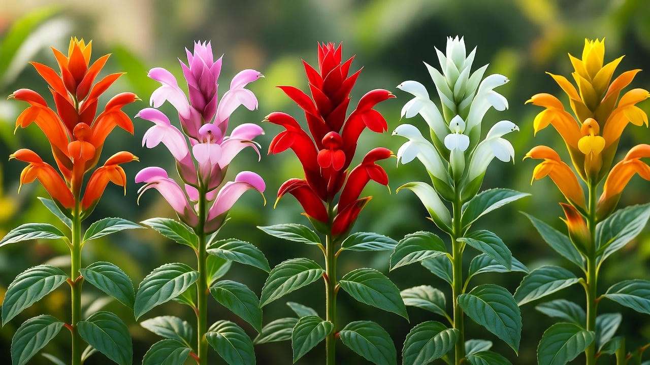 "Close-up of five shrimp plant varieties with vibrant blooms in orange, pink, red, white, and yellow" 
