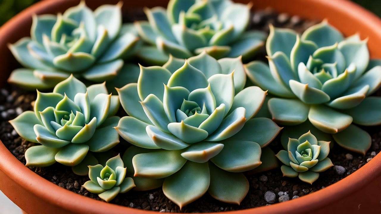 "Echeveria elegans rosettes in a terracotta pot with gritty succulent soil." 