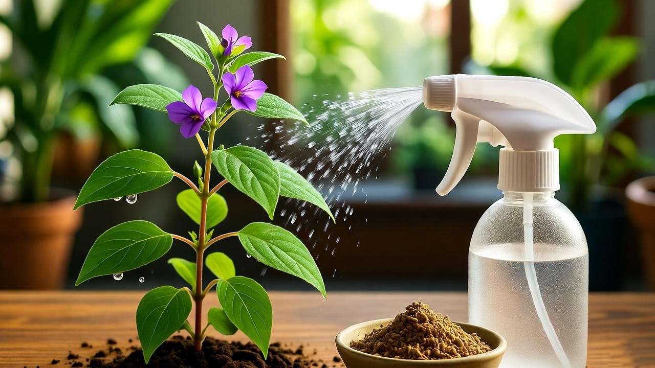"Krishna Tulsi plant being watered with vermicompost and neem cake nearby." 