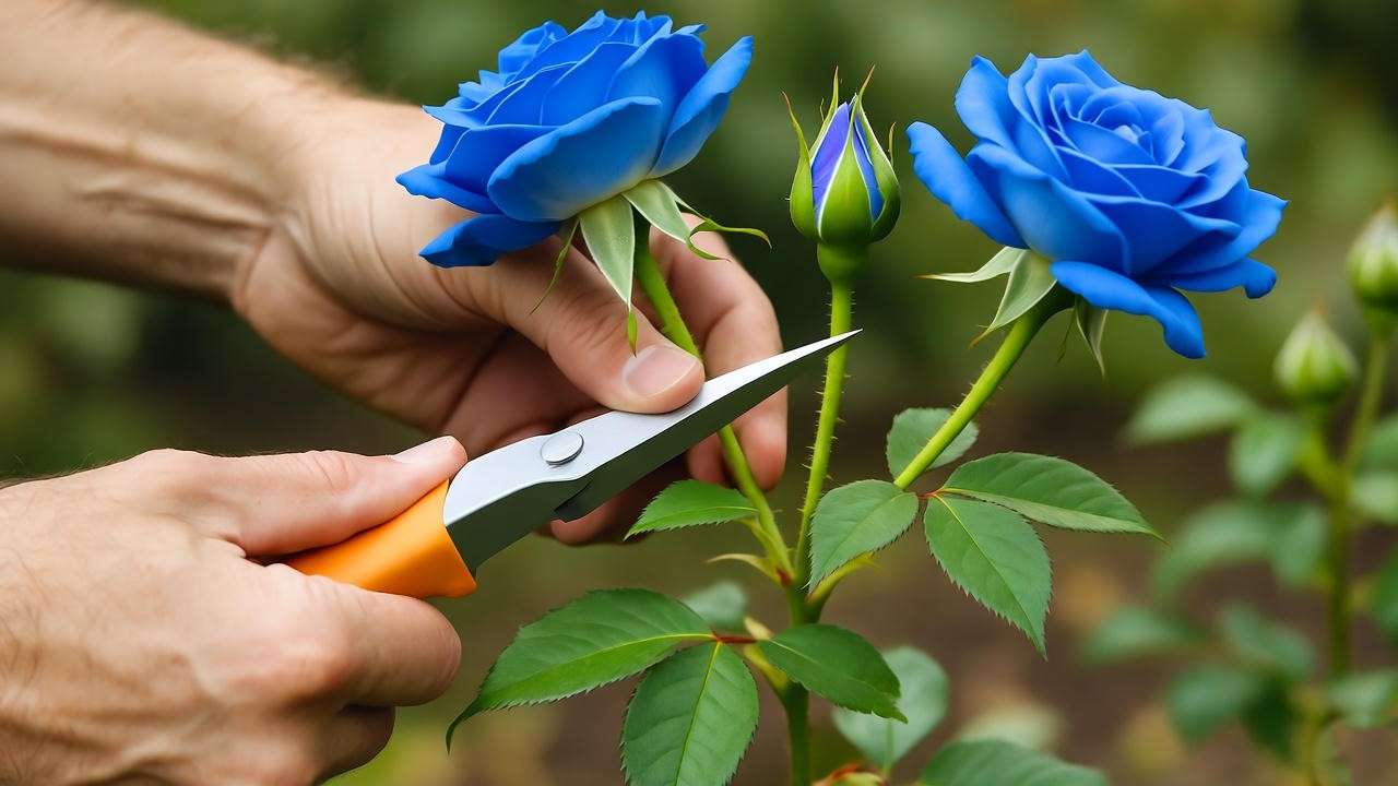 Gardener pruning a blue rose bush with vibrant blooms, showing proper cutting techniques.