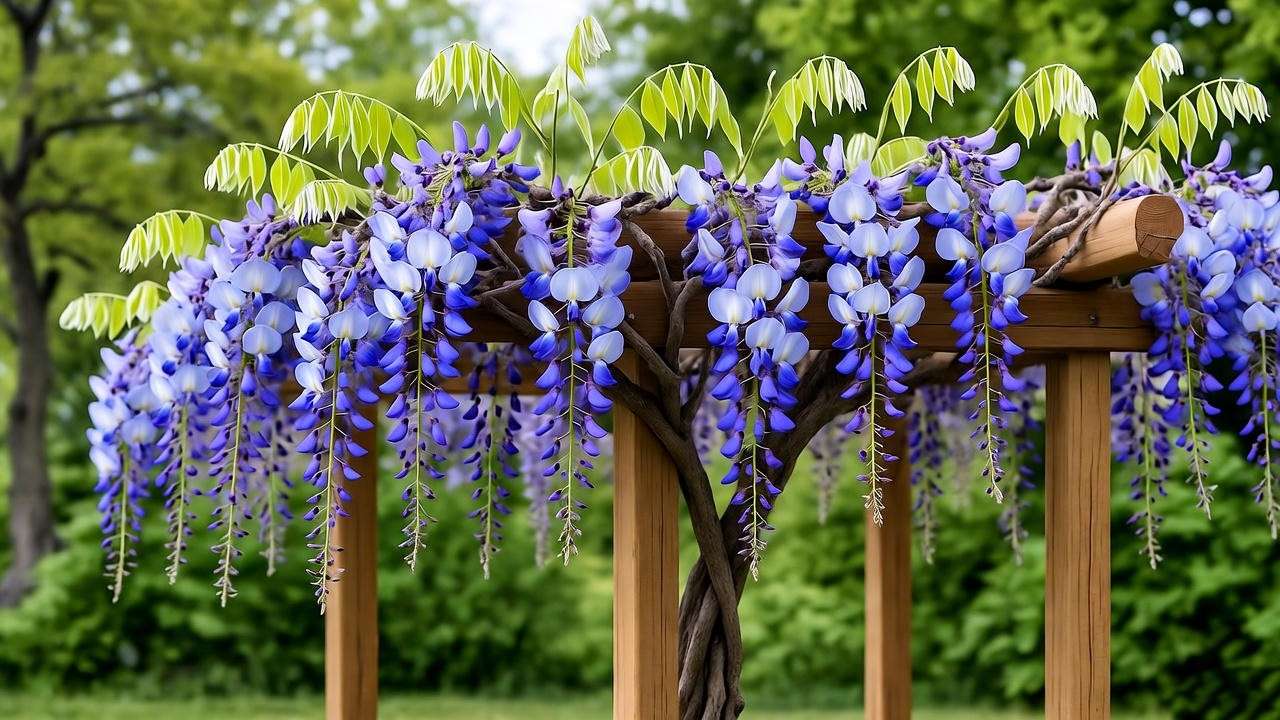 "Blue Chinese Wisteria tree with cascading blue-violet flowers on a trellis in a garden."