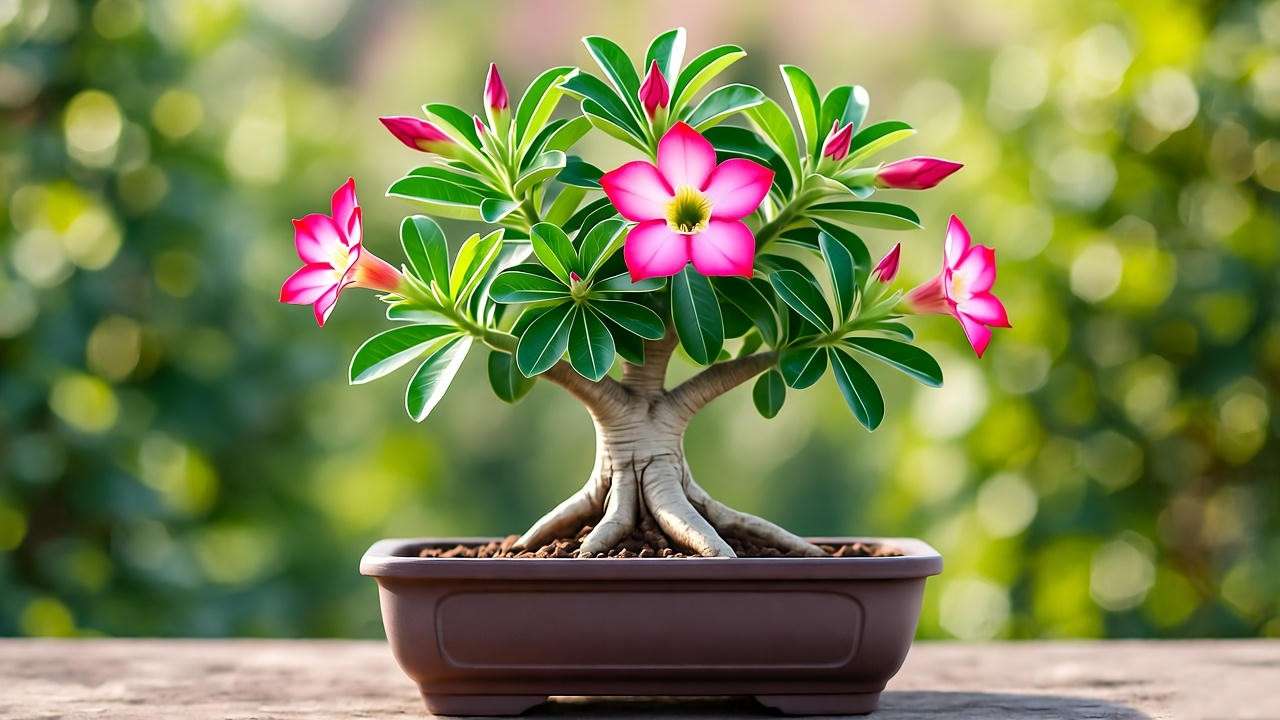 "Desert rose bonsai in a shallow pot under bright sunlight."