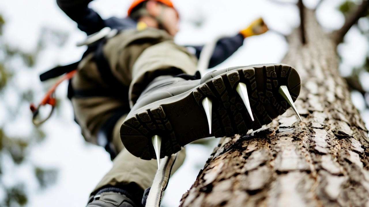: "Arborist climbing dead tree with safety gear and tree climbing spikes". 