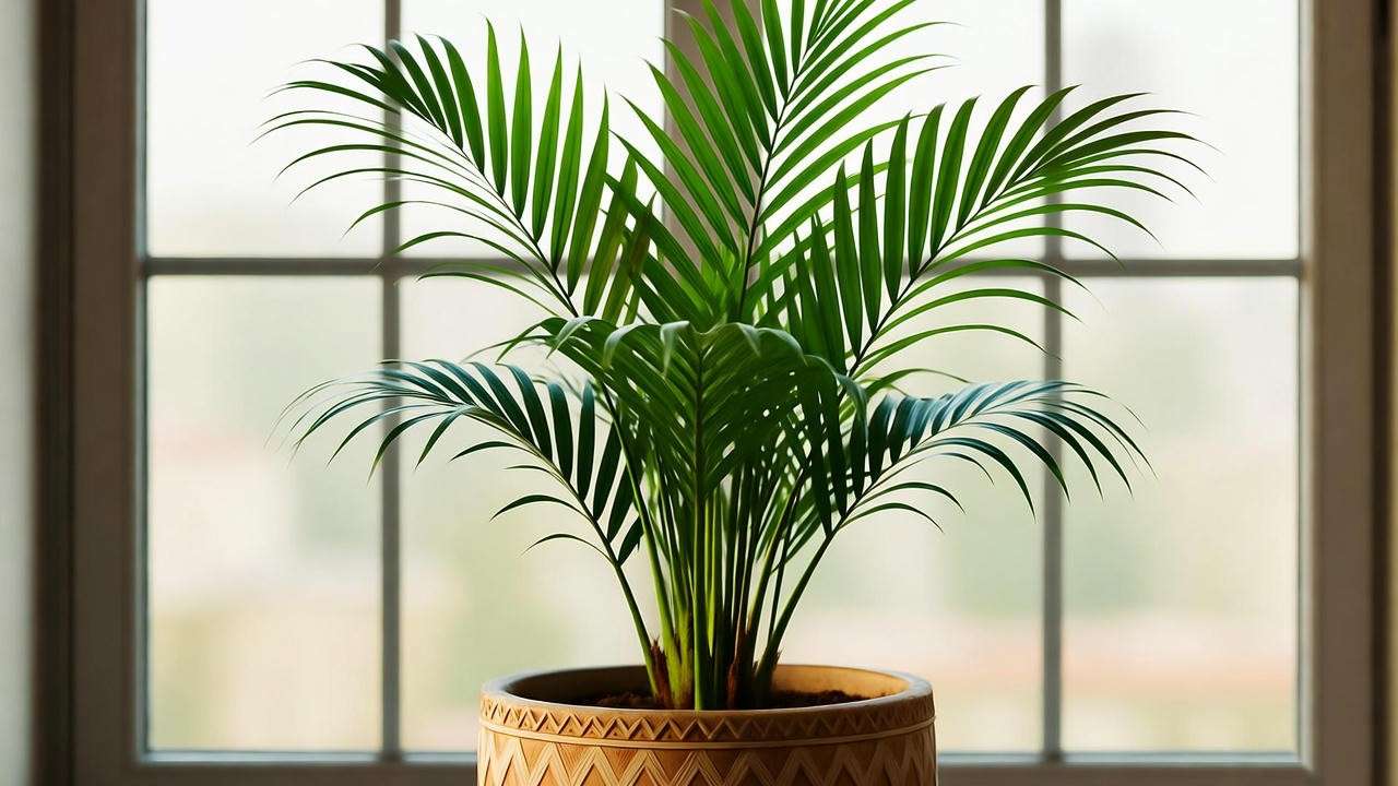 "Indoor royal palm plant in a decorative pot with bright indirect light" 