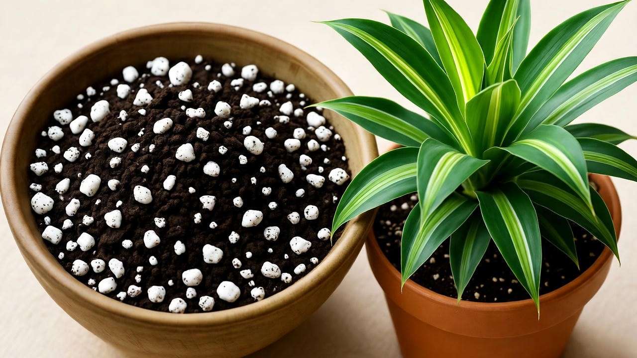  'Well-draining soil mix with perlite and potting soil next to a Dracaena spike plant.' 