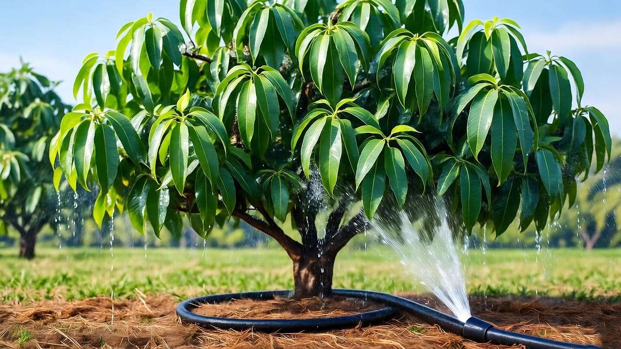 "Alphonso mango tree watered with soaker hose and mulch in a tropical garden" 