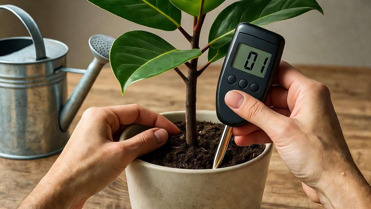  'Hands using a moisture meter to check soil moisture of an Audrey Plant with a watering can nearby' 
