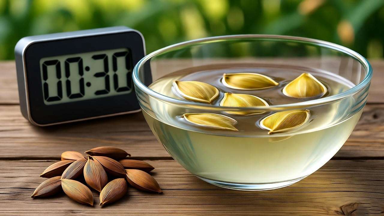 "Bamboo seeds soaking in water for germination process." 