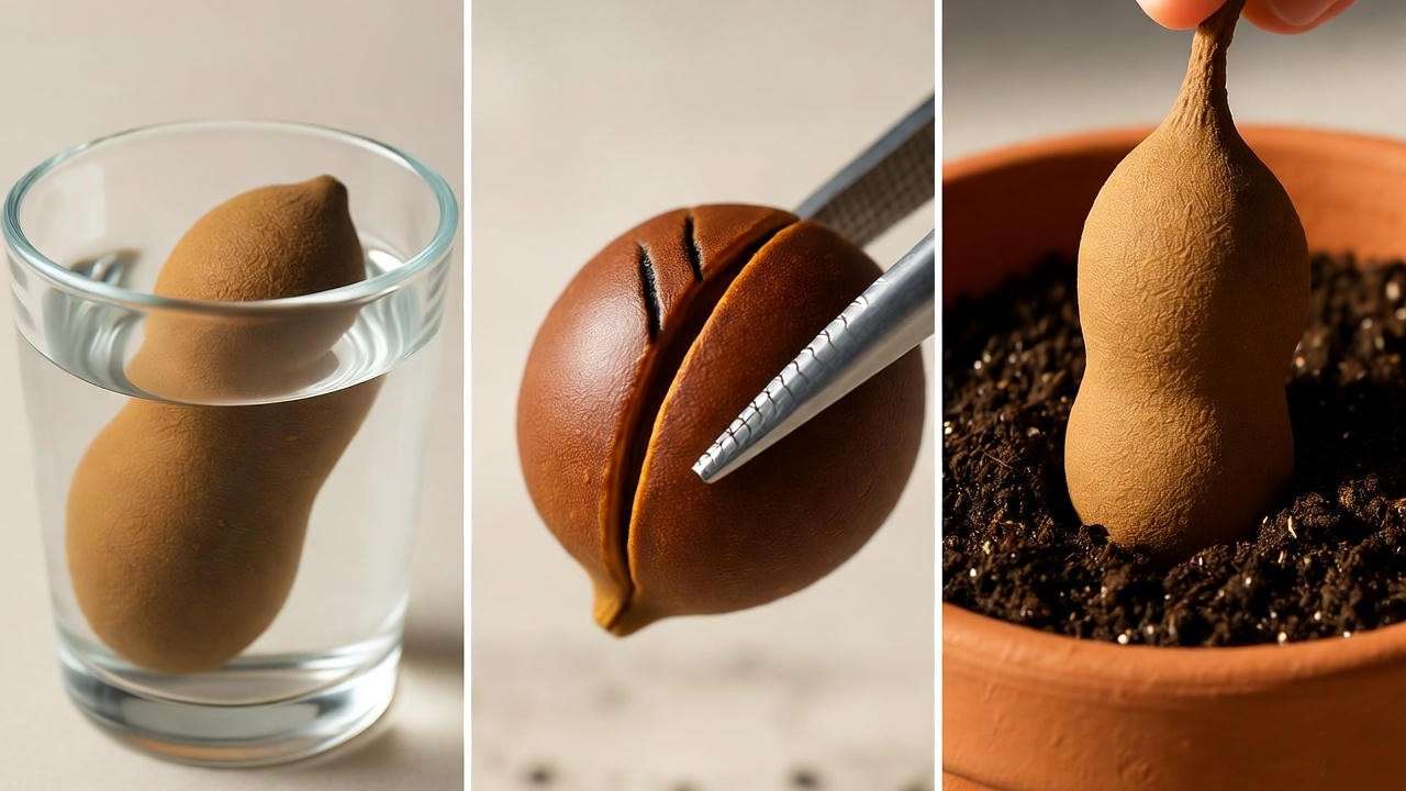  "Step-by-step process of planting tamarind seeds in a pot indoors." 
