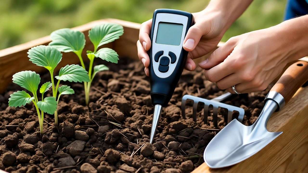  "Gardener testing soil pH and preparing a raised bed for strawberry seedlings."