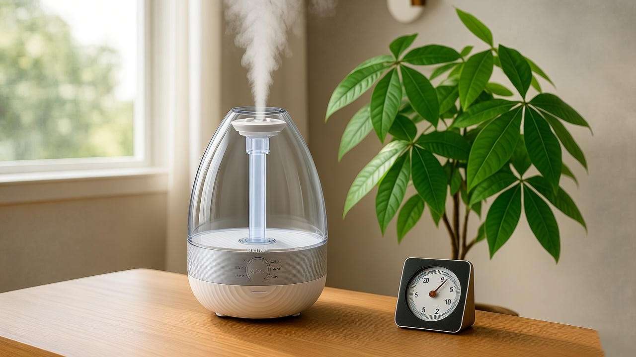 "Ultrasonic humidifier misting near Money Tree with hygrometer in modern room" 