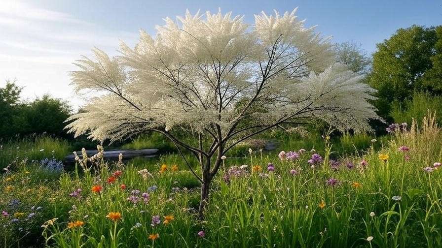 White fringe tree with feathery blooms surrounded by wildflowers under a clear sky.