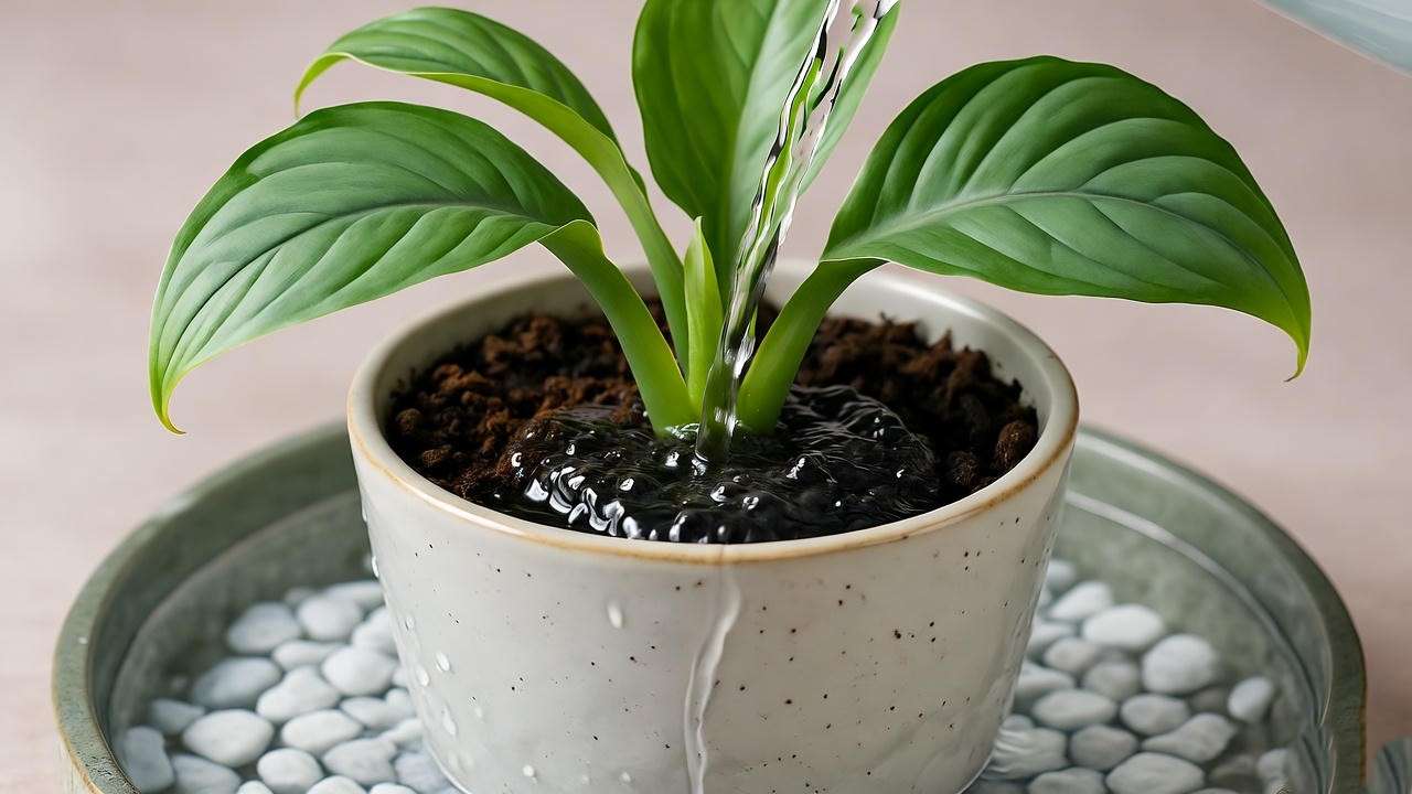  Step-by-step watering of a Paloma plant with soak-and-dry method and pebble tray. 