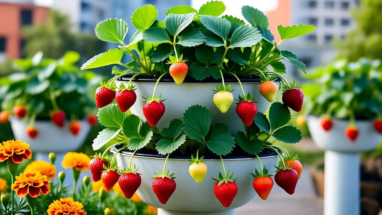 "Thriving strawberry planting tower with drip irrigation and marigold companions on a patio."