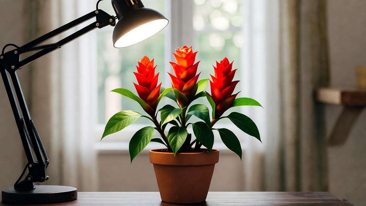  "Shrimp plant under grow light near south-facing window for optimal light conditions" 