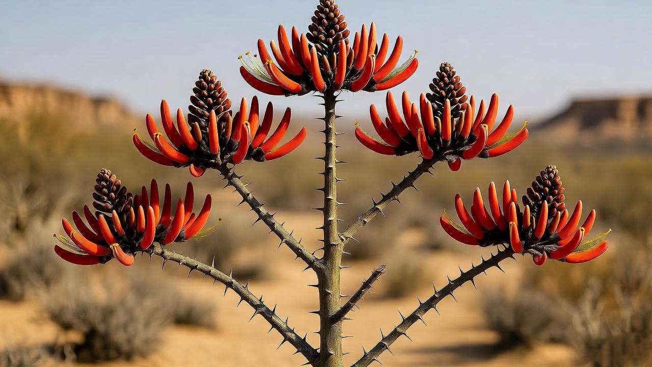  "Tall Fouquieria splendens with scarlet flowers in a dry desert." 