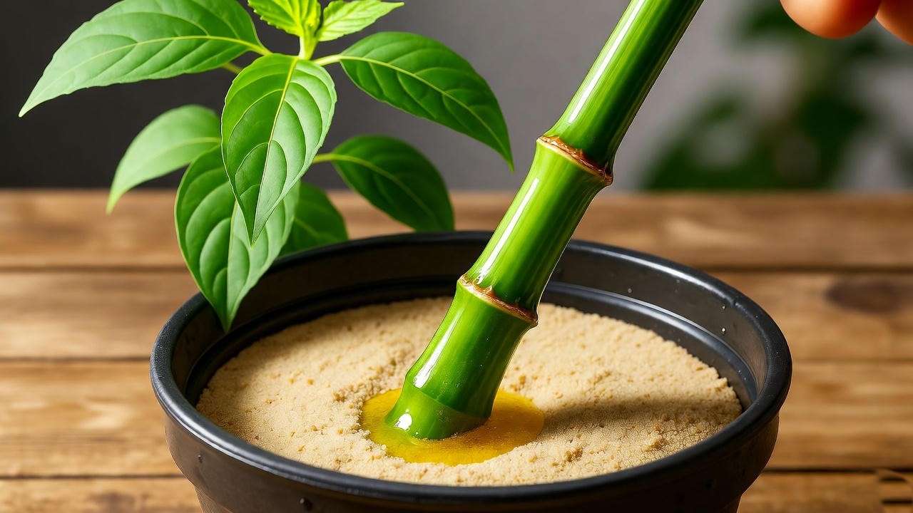  "Krishna Tulsi stem cutting propagation with honey in wet sand." 