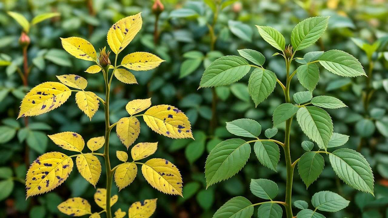 Blue rose bush with black spot disease contrasted with a healthy treated plant.