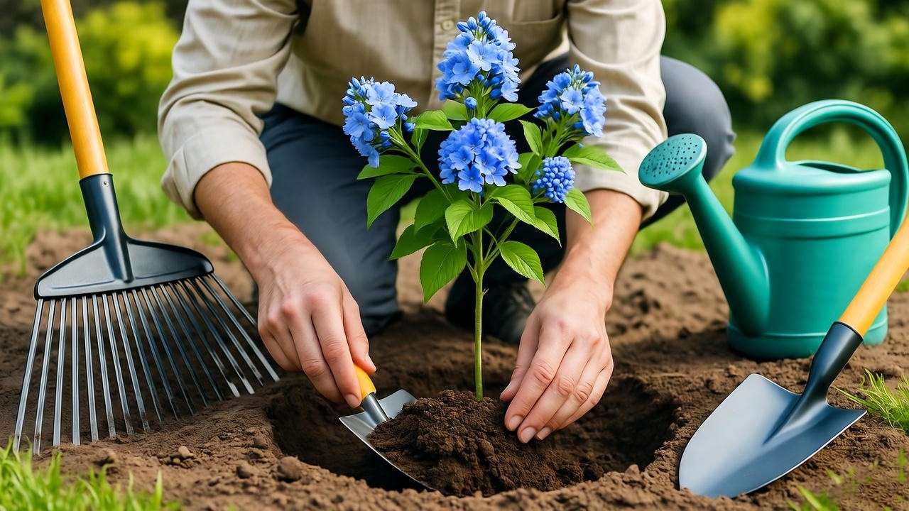 "Gardener planting a young tree with blue flowers in well-drained soil with tools and compost."