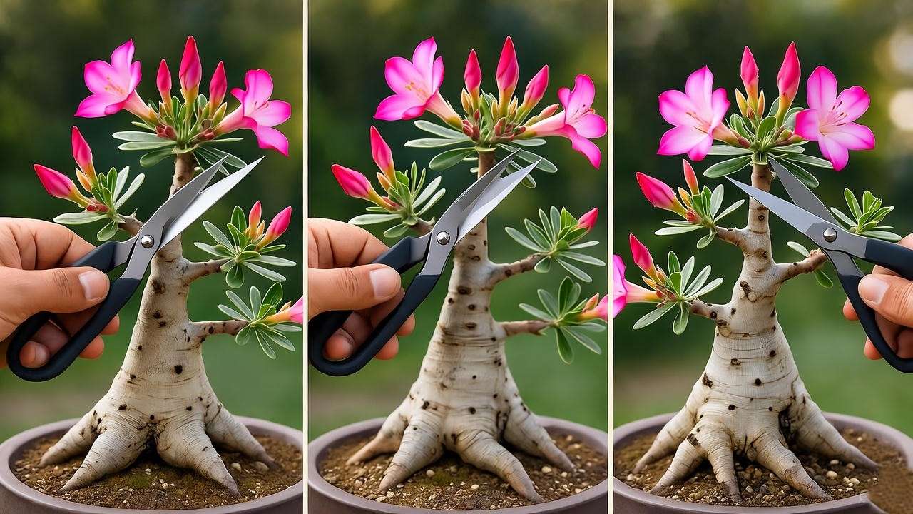 "Gardener pruning a desert rose bonsai with shears.