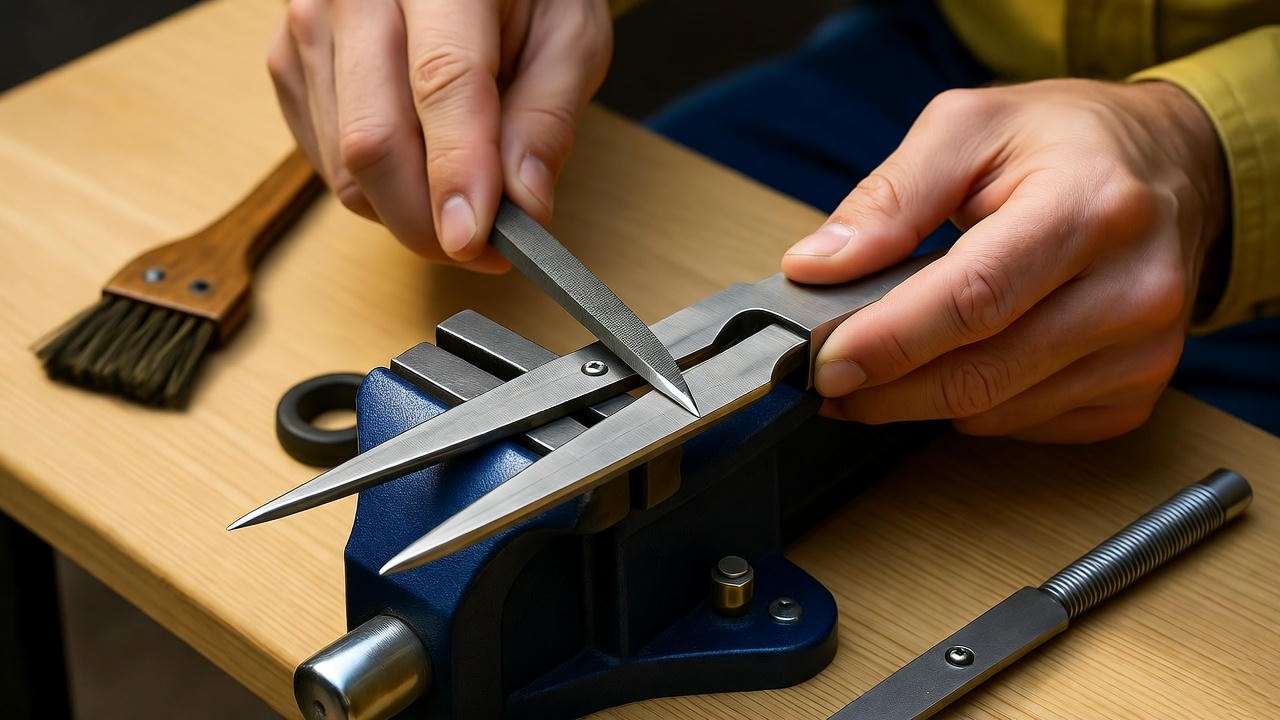"Arborist sharpening tree climbing spike gaffs with file and vise". 