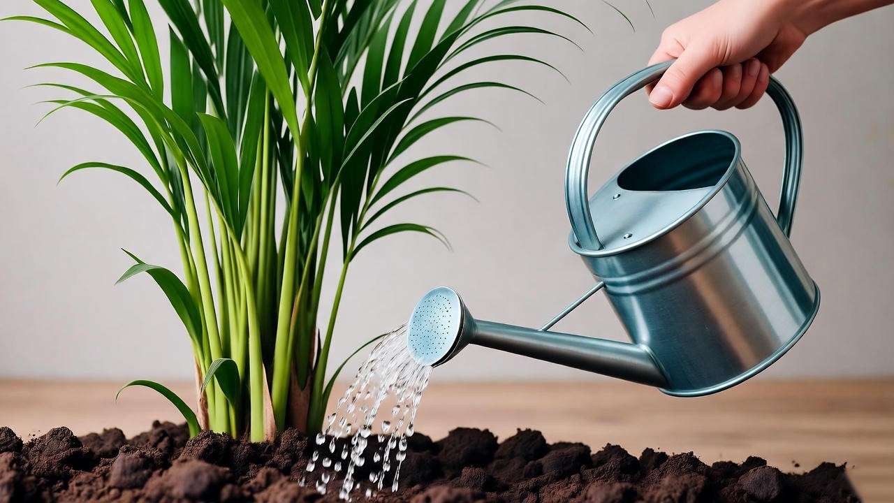 "Person watering a royal palm plant with a watering can on well-draining soil" 