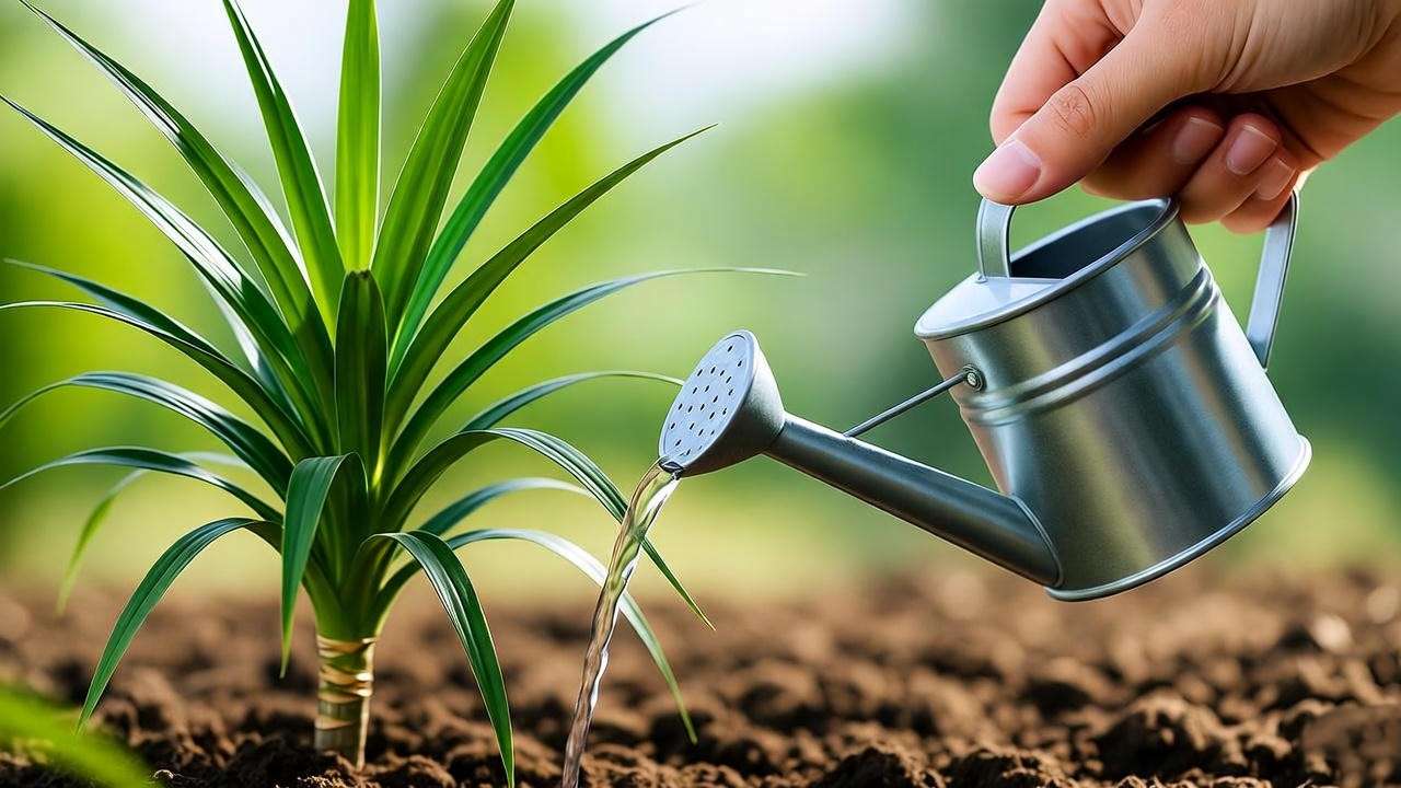 Applying liquid fertilizer to a Dracaena spike plant with a watering can.' 