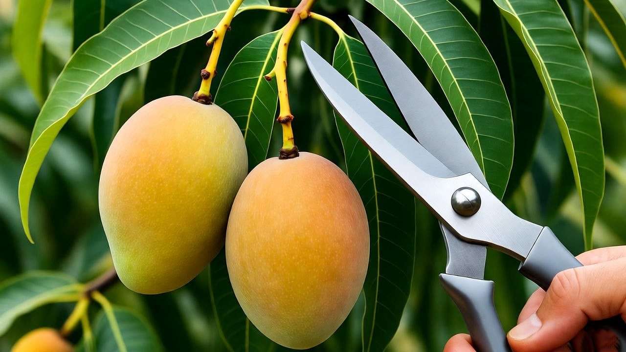 "Gardener pruning Alphonso mango tree branch with ripe golden mangoes" 