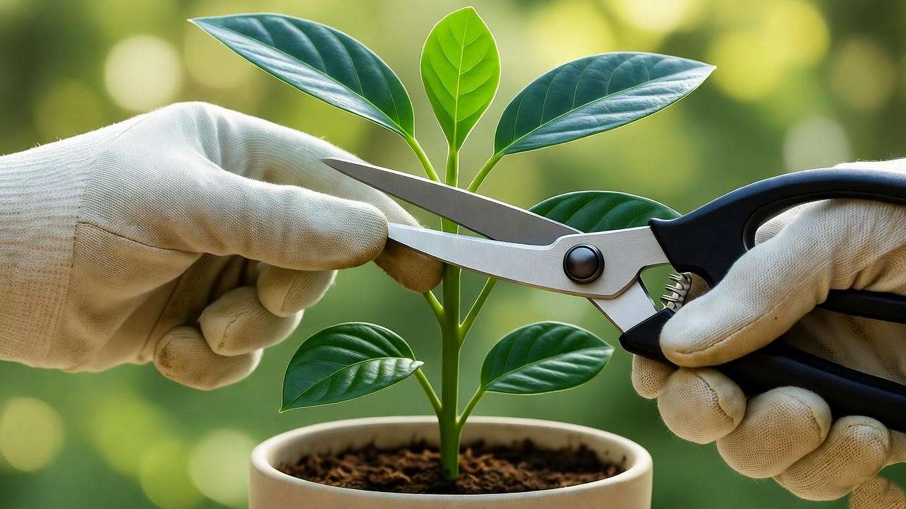 'Pruning an Audrey Plant with clean shears above a leaf node, gloved hands, healthy plant background' 