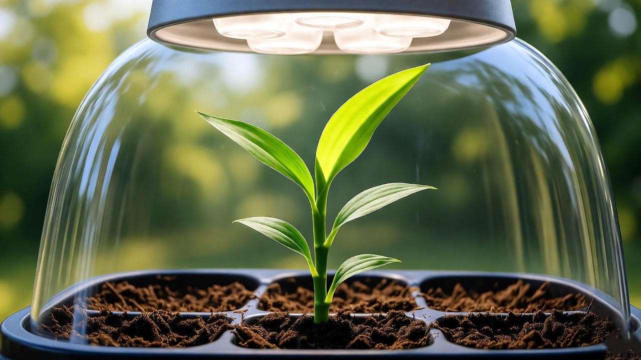  "Young bamboo seedling with humidity dome and grow light." 