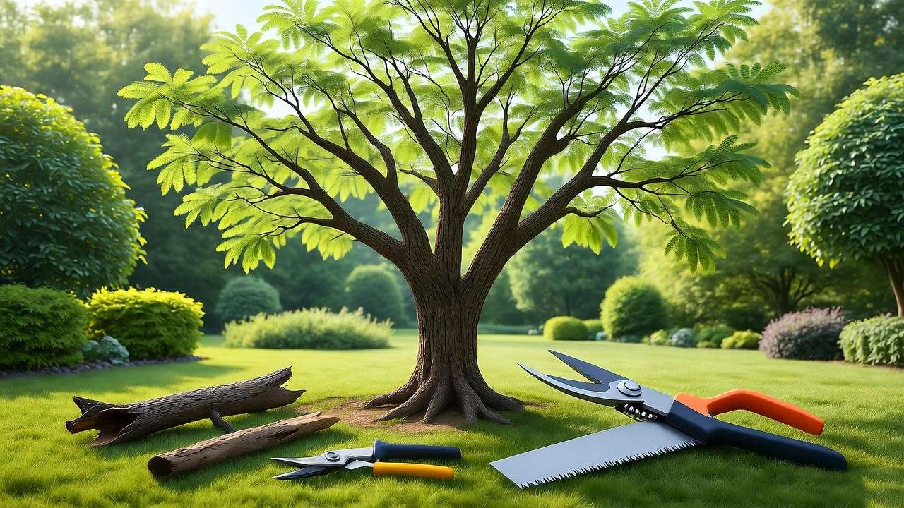 "Mature tamarind tree being pruned with tools in a lush garden."