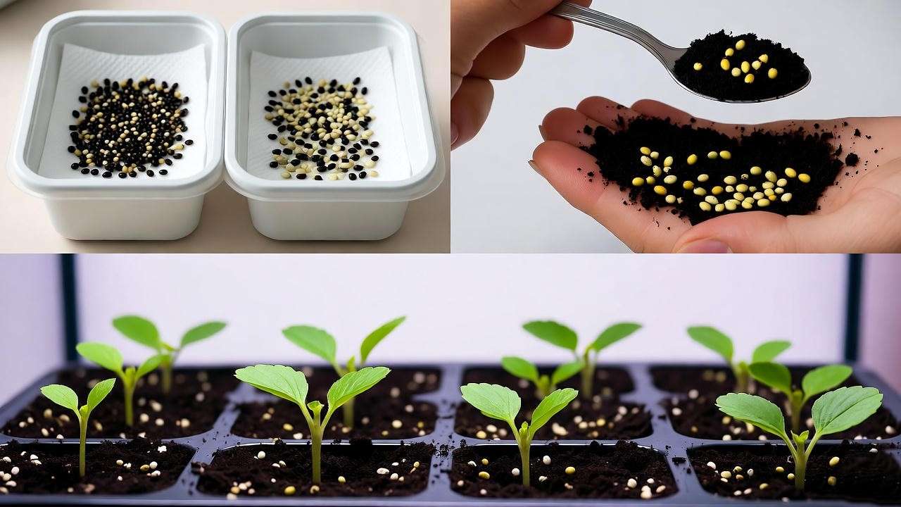 Step-by-step process of planting strawberry seeds in trays and under grow lights." 