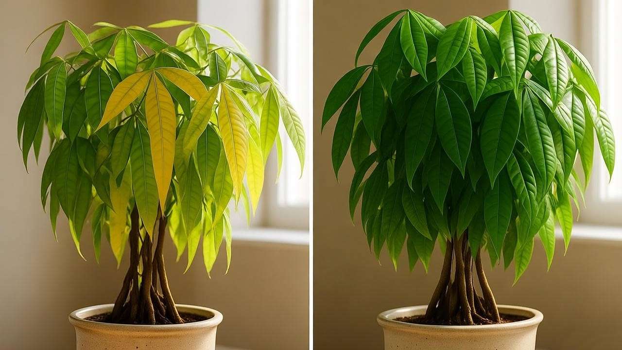 "Before and after Money Tree with humidifier showing healthy growth" 