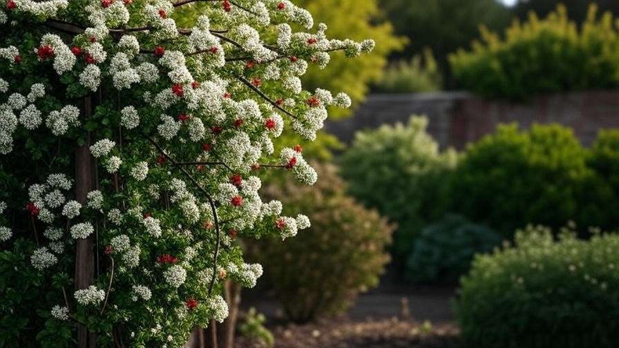  Hawthorn trees with white flowers and red berries forming a natural privacy screen