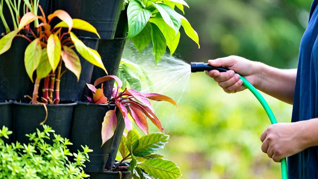  "Person maintaining a strawberry planting tower with drip system and foliar spray treatment." 