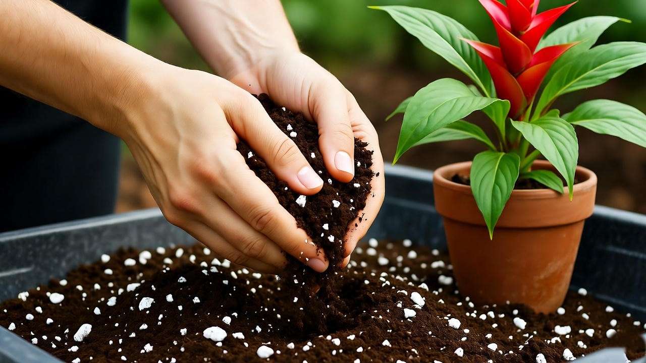 : "Hands mixing shrimp plant soil with peat, perlite, and compost in a garden tray" 