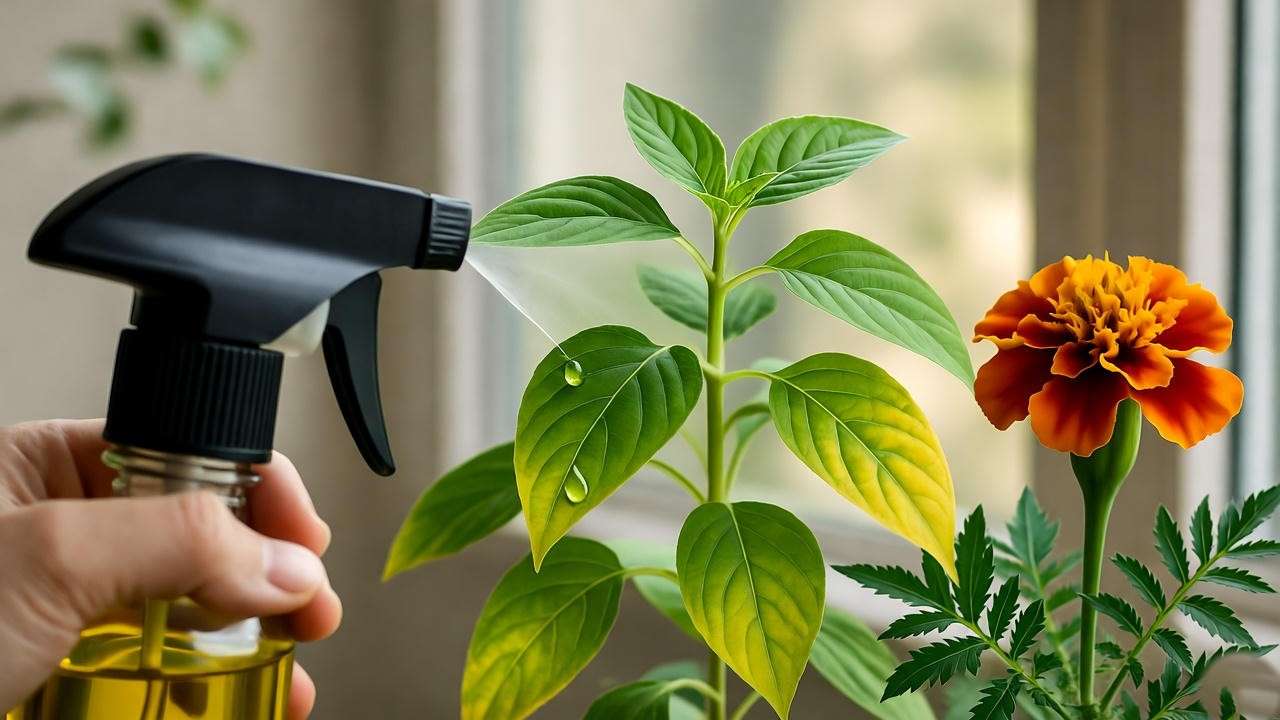  "Krishna Tulsi plant treated with neem oil spray next to marigold for pest control." 