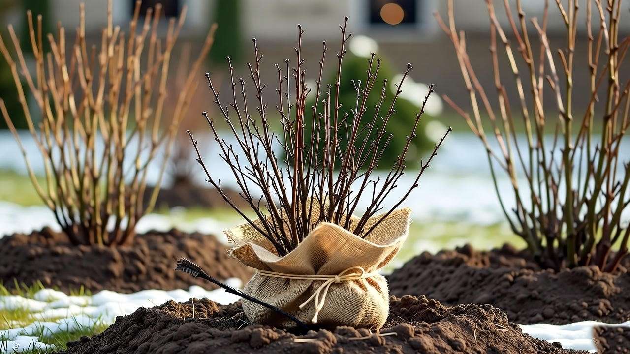 Winter-protected blue rose bush with soil mounding and burlap in a snowy garden.