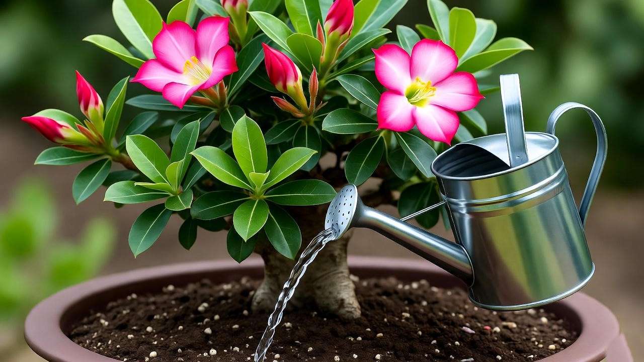 "Applying fertilizer to a desert rose bonsai with vibrant blooms."