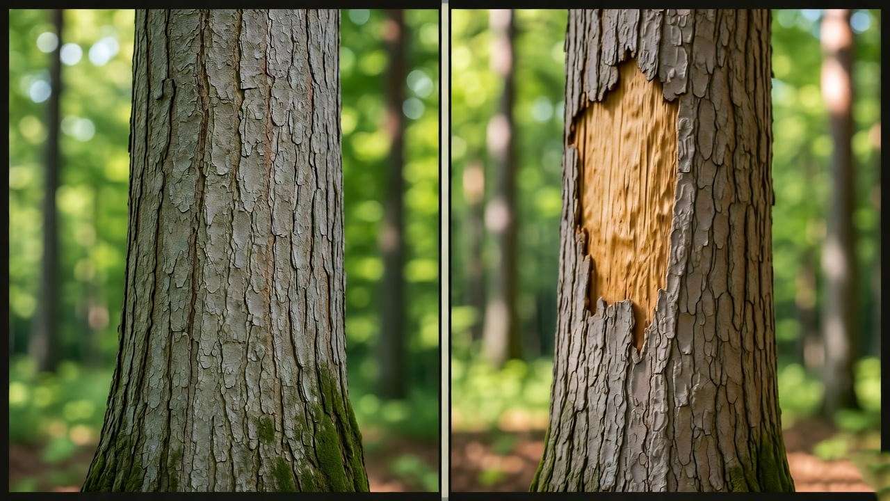 "Comparison of healthy tree trunk and damaged trunk with gaff marks". 