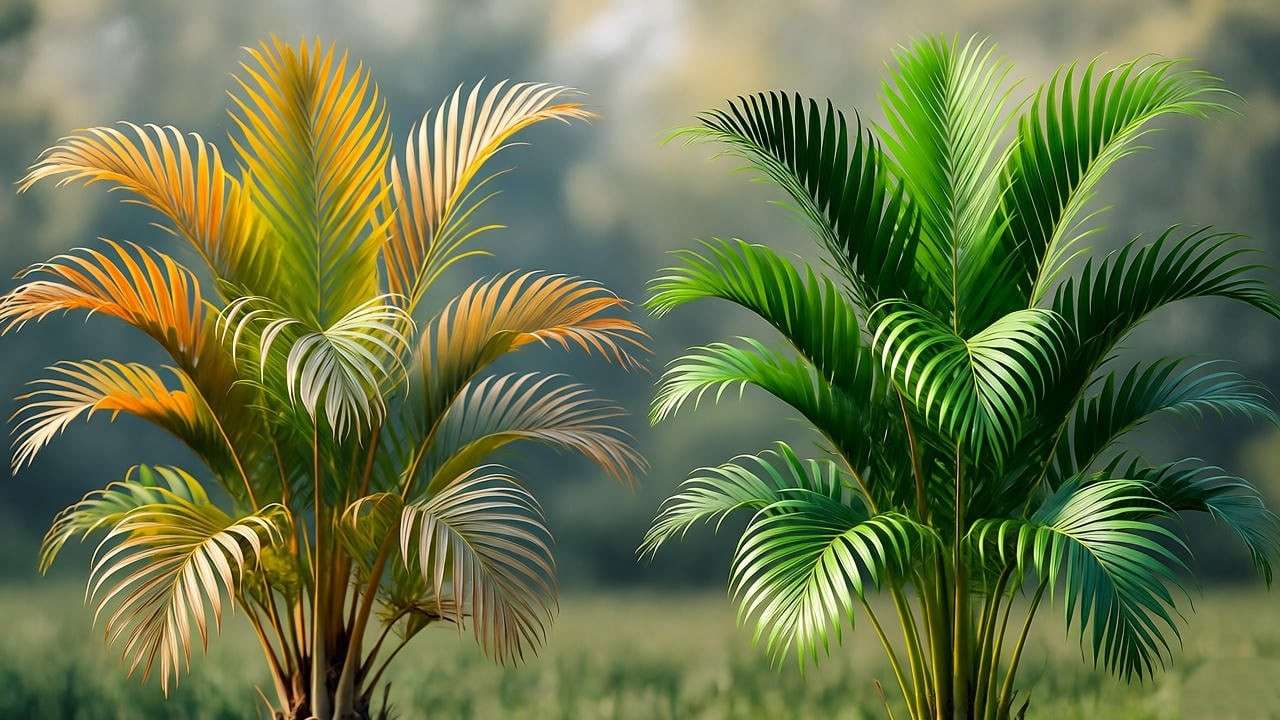 "Comparison of a royal palm with yellowing fronds and a healthy green palm"