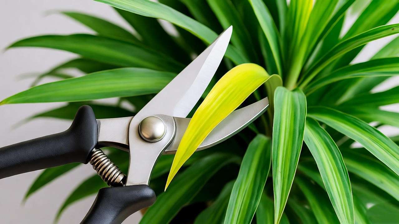 ' 'Pruning shears trimming a yellow leaf from a Dracaena spike plant.' 