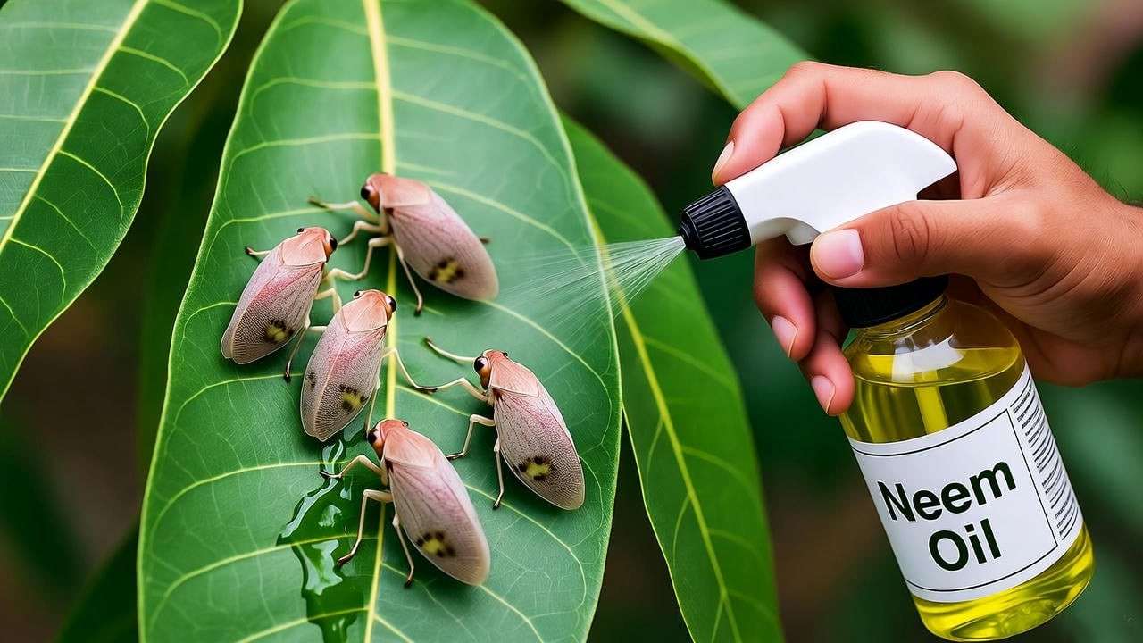 "Gardener applying neem oil to Alphonso mango tree leaf with mango hoppers" 
