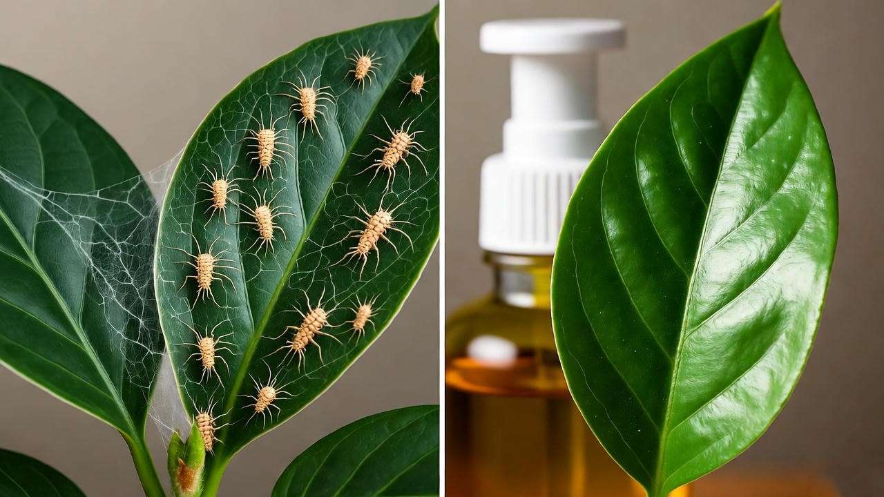 'Audrey Plant leaf with spider mite webbing next to a healthy leaf, neem oil bottle in background' 