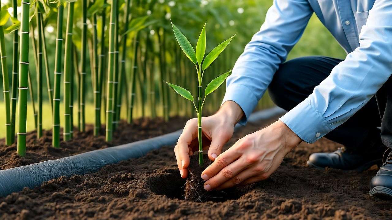 "Gardener transplanting bamboo seedling with root barrier." 