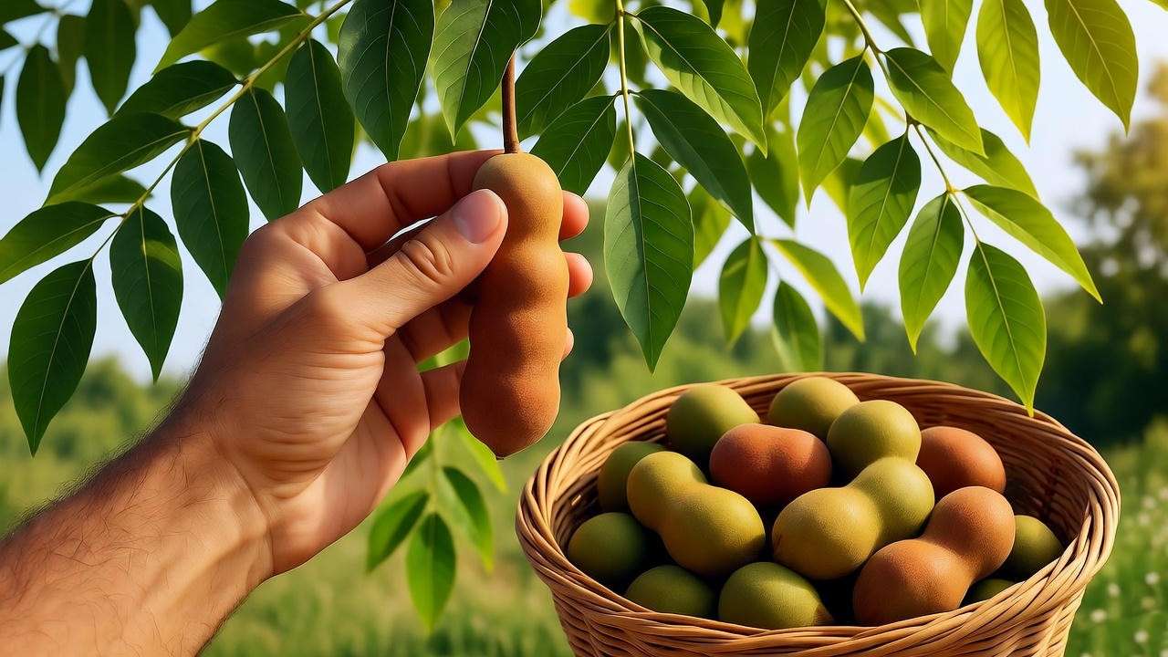 "Hand harvesting ripe tamarind pods with a basket in a tropical garden." 