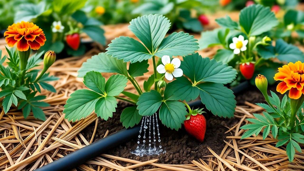"Strawberry plant with drip irrigation and straw mulch in a garden with marigolds." 
