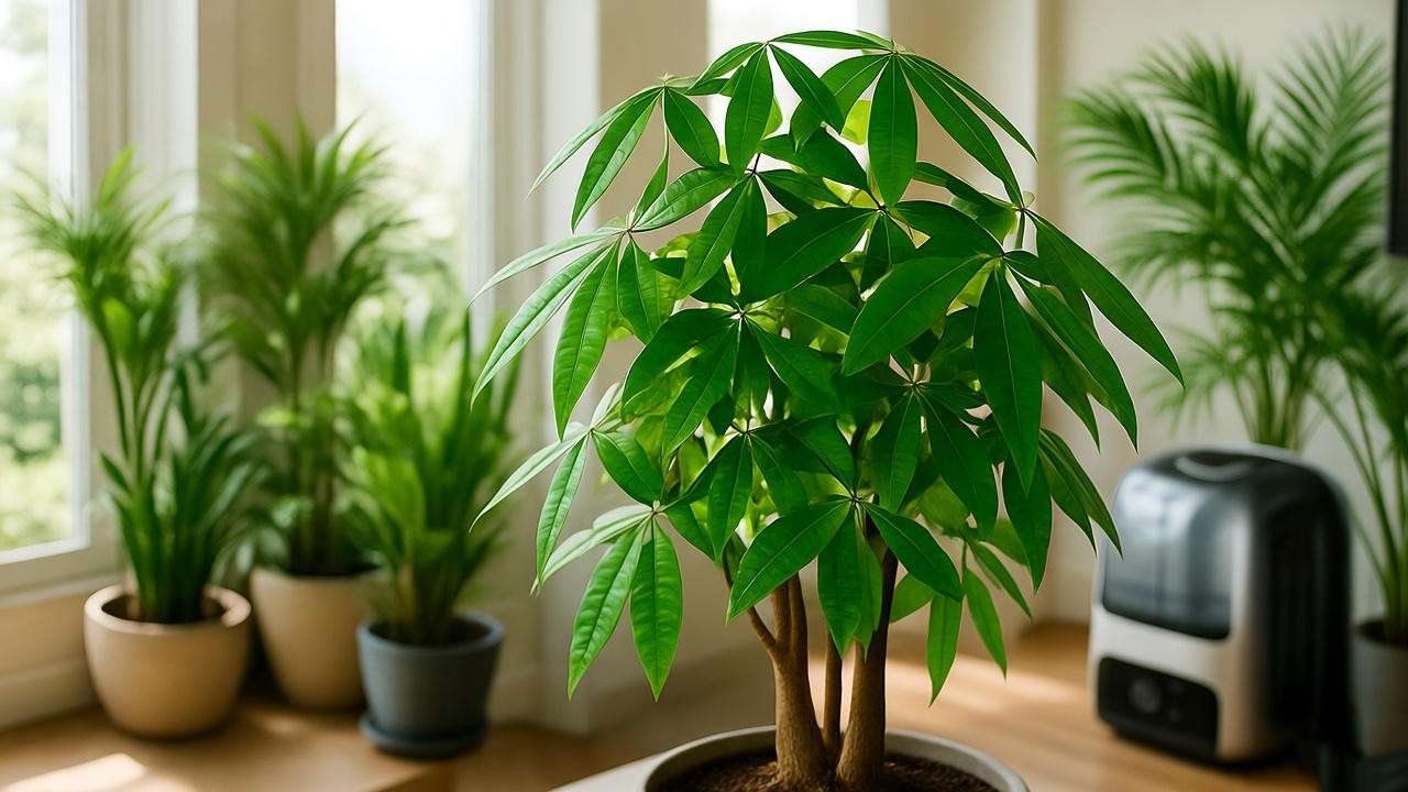 "Tropical houseplants with Money Tree and humidifier creating microclimate" 