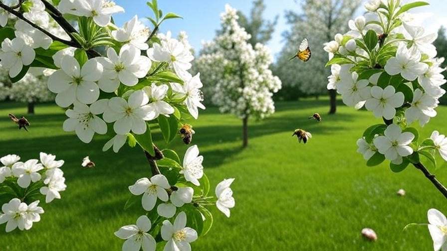 Bees and butterflies pollinating white blooming crabapple trees in a sunny meadow. 