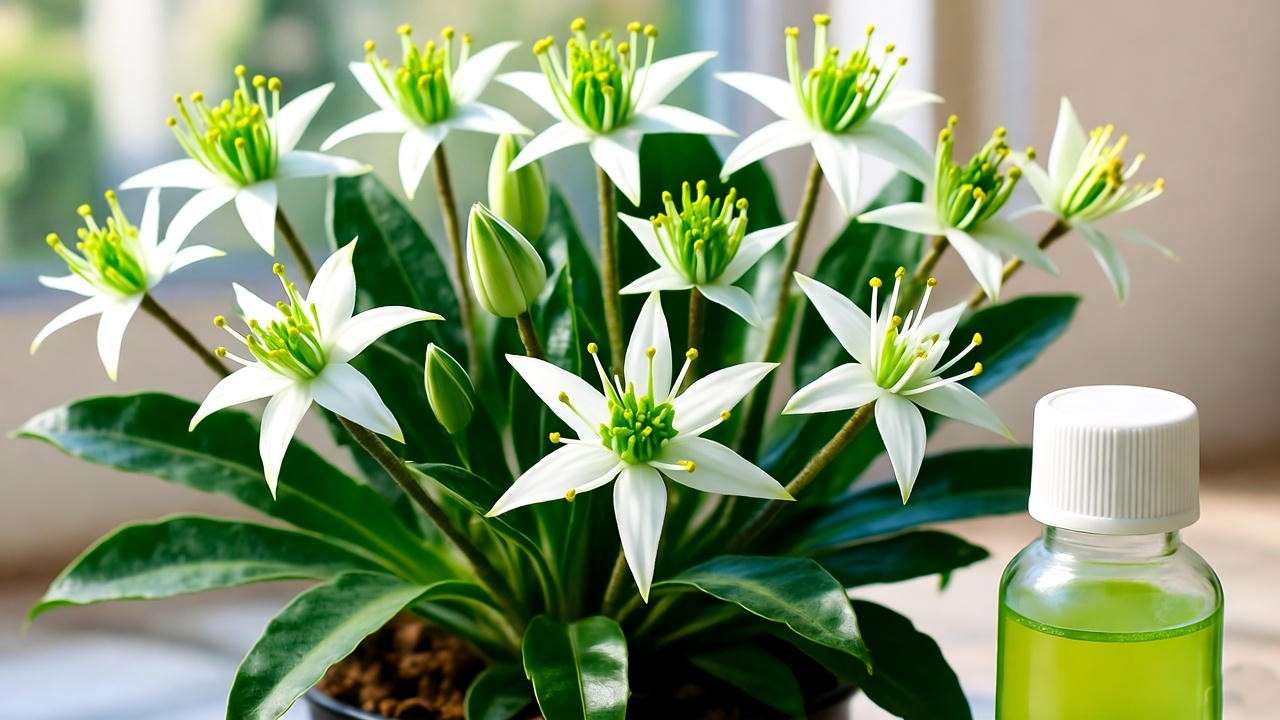 Paloma plant with white blooms after fertilization with succulent fertilizer. 